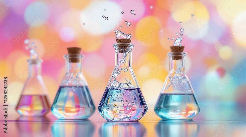 Aufkleber A row of glass flasks filled with different colored liquids, each sealed with a cork. The background is a soft bokeh of various colors, giving the image a dreamy, ethereal feel.