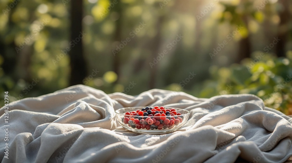 Poster a close-up shot of a white cloth draped over a wooden surface, with a plate of red berries placed on
