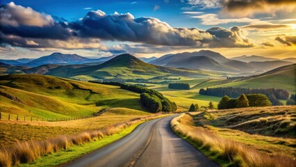 A winding road through a landscape of rolling hills and vibrant green pastures under a sky adorned with dramatic clouds