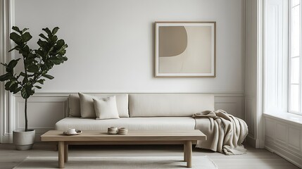 Minimalist beige living room interior design, calm atmosphere, natural light