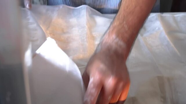 Dough is rolled into small balls and covered with a cloth to rise slightly before baking pies or flatbreads

