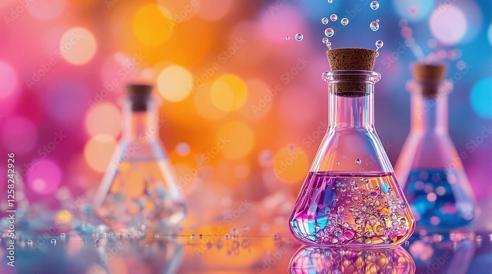 Poster A vibrant, artistic representation of a laboratory setting, featuring three flasks filled with colorful liquids, each sealed with a cork. The background is a dreamy blend of warm and cool hues, creati