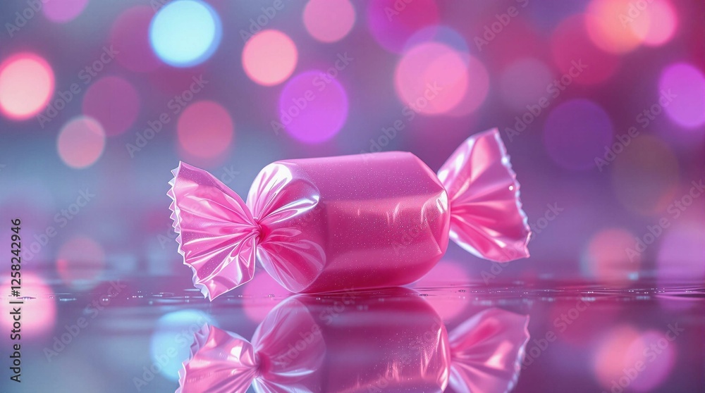 Poster a glossy, pink candy with a bow on a reflective surface, set against a vibrant, blurred background w