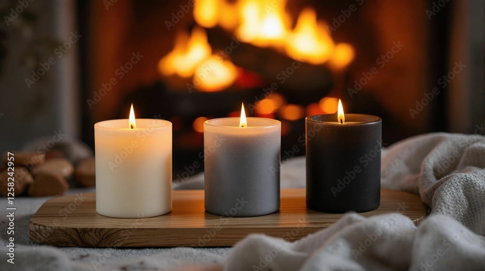 Poster a cozy indoor setting with three candles placed on a wooden surface, surrounded by a blanket. the ba