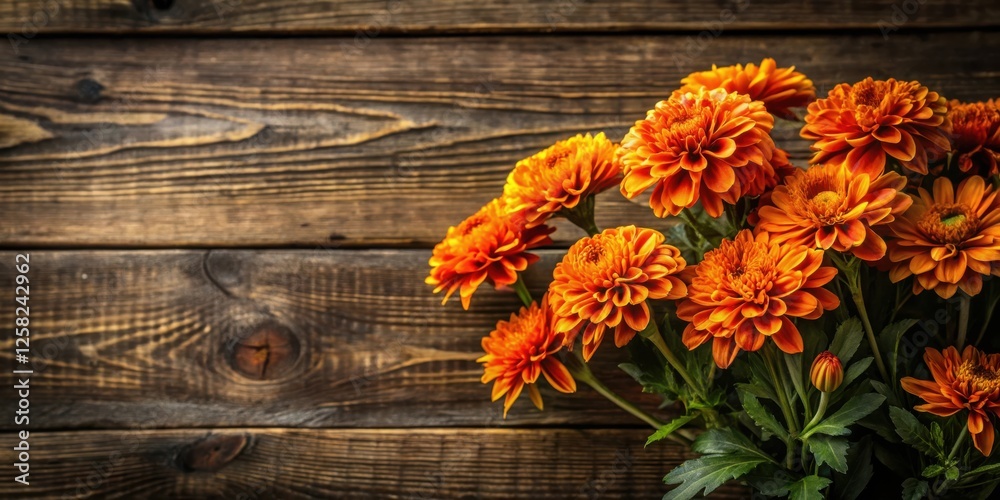 Poster a rustic wooden background adorned with a vibrant bouquet of orange chrysanthemums, creating a capti