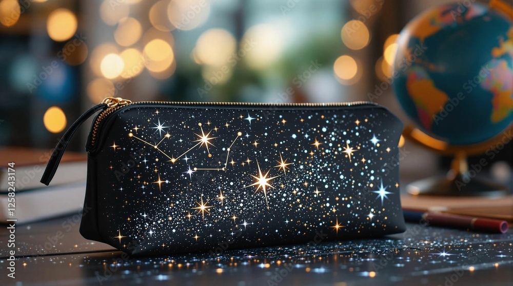 Poster a glittery cosmetic bag with constellations on it, placed on a surface alongside a book and a globe.