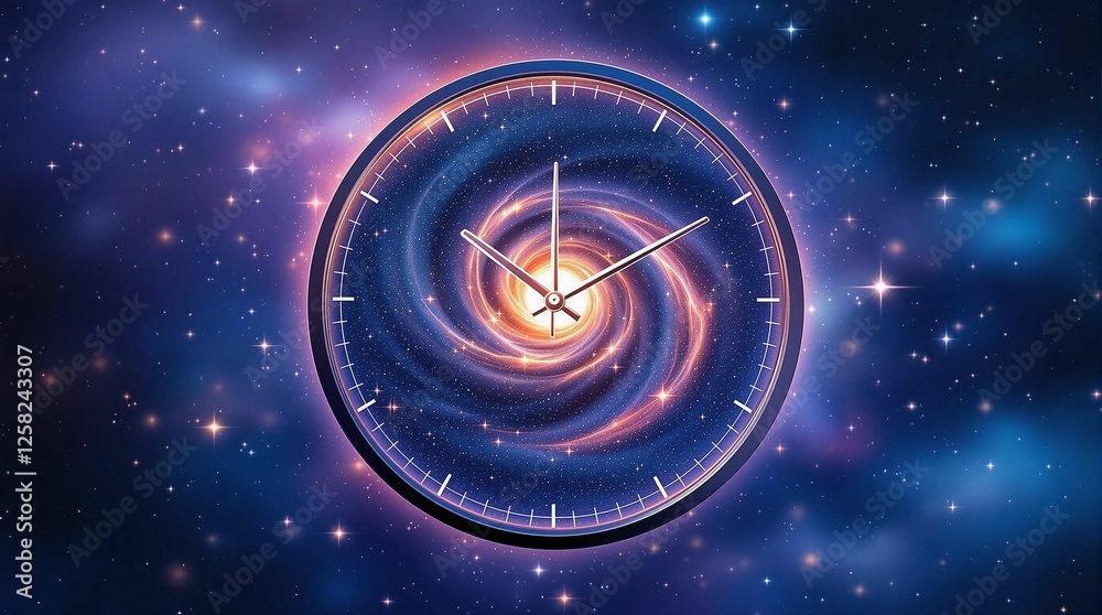 Poster A digital artwork of a clock set against a cosmic backdrop of stars and nebulae. The clock is the focal point, with its hands pointing to the time, and the background is a mesmerizing blend of deep bl