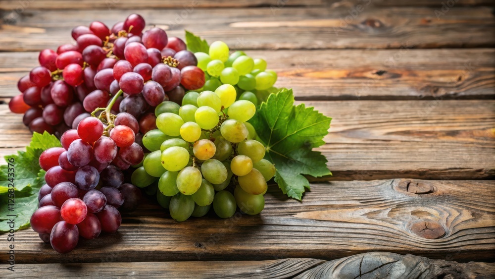 Poster A cluster of red grapes and a cluster of green grapes resting on a rustic wooden surface, with a green leaf behind them.