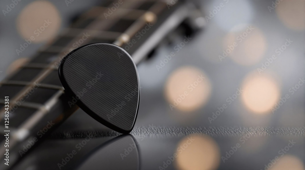 Aufkleber A close-up of a guitar with a guitar pick resting on its fretboard. The background is blurred with a bokeh effect, and there is a watermark at the bottom right corner of the image.