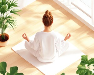 Find inner peace with this image of a Woman practicing pranayama breathing in lotus position on a bed Discover stress and anxiety reduction through mindful meditation techniques Promote relaxation