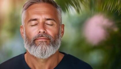 Obraz premium Find inner peace with this image of a Bearded man with closed eyes practicing pranayama breathing in nature Embrace mindfulness and experience holistic healing through mindful breathing exercises