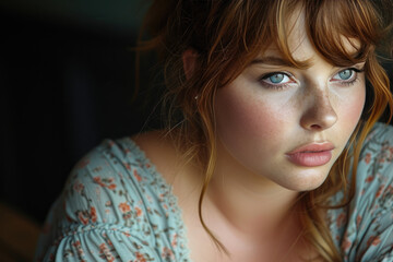 A young plus-size model poses in the studio for a photo shoot, a gentle look, modesty, a look of confidence