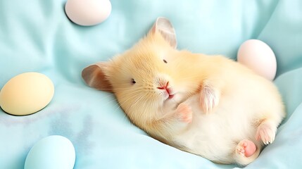 Sweet Hamster Dreams with Colorful Eggs on a Dreamy Blue Backdrop for an Adorable Easter Mood