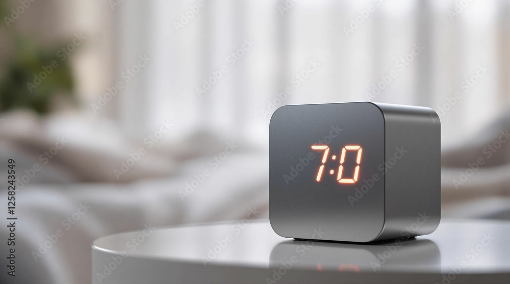 Poster a digital alarm clock sitting atop a table, with a blurred background suggesting a domestic setting.