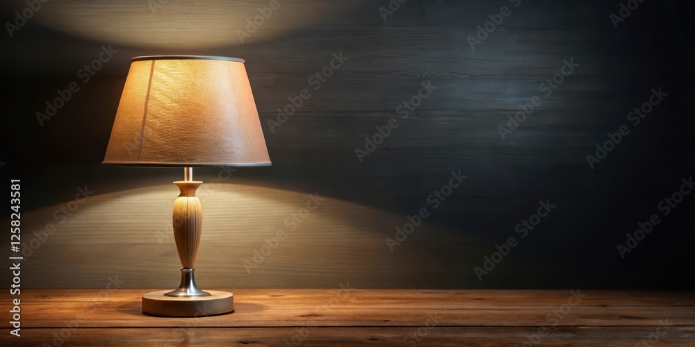 Poster a warm lamp with a fabric shade illuminates a rustic wooden surface against a dark wooden background