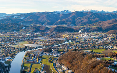 Aerial view of urban areas Gratkorn and Gratwein, suburbs of the city of Graz in Austria