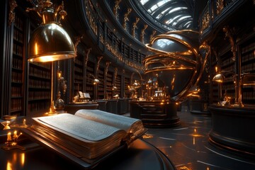 A gothic university registrar office with candlelit desks, towering bookshelves, and ancient academic records