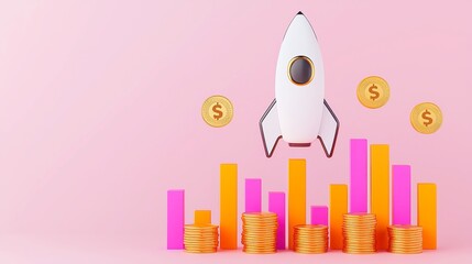 Fototapeta premium Abstract success theme featuring a rocket soaring above bar charts and golden coins, symbolizing growth and achievement against a minimalist backdrop, emphasizing clarity and focus.