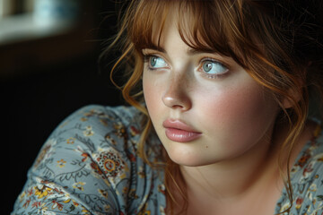 A young plus-size model poses in the studio for a photo shoot, a gentle look, modesty, a look of confidence