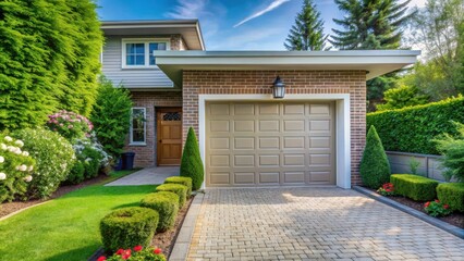 A brick-faced garage door with an expansive paved driveway, flanked by lush greenery and vibrant flowerbeds, showcases the beauty of a well-maintained suburban home.
