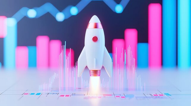 AI stock market growth, a spaceship launching amidst a minimalist backdrop, symbolizing innovation and progress in finance, evoking a sense of limitless possibilities.
