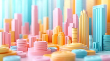 Fototapeta premium A colorful 3D cityscape featuring vibrant pastel skyscrapers and circular structures, creating a playful, modern urban environment.