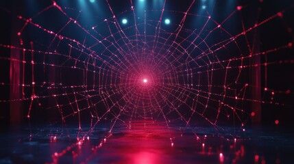 Glowing red web stage backdrop, neon lights, dark room, digital art