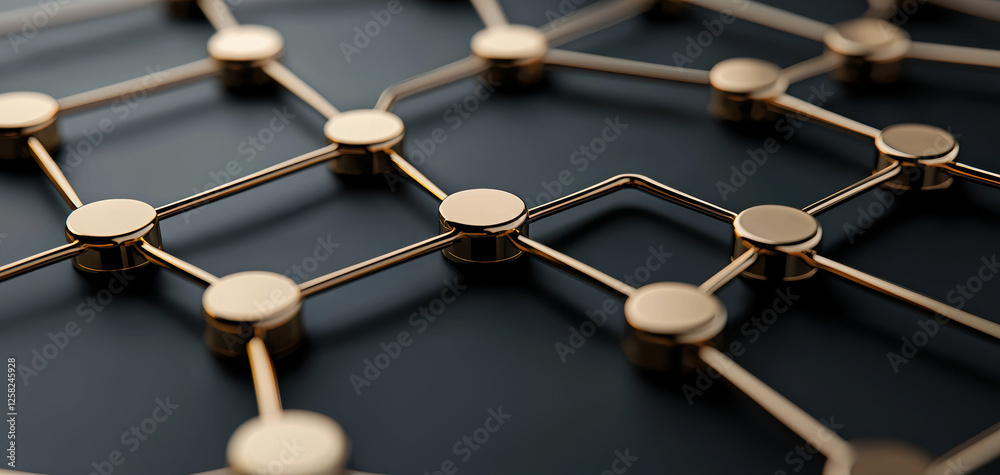 Poster Interconnected nodes forming network structure with metallic elements, showcasing modern digital design. This represents technology and connectivity in sleek manner