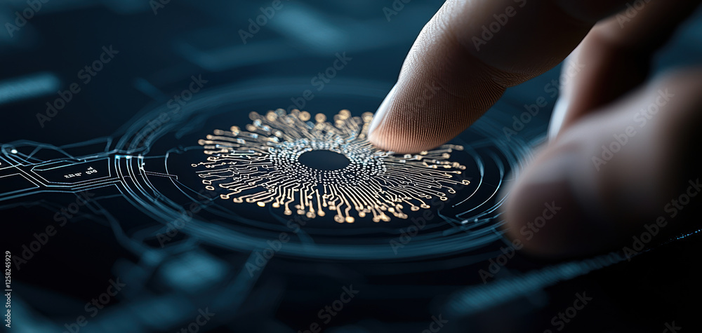 Poster person interacting with digital interface featuring intricate circuit patterns, showcasing technology and innovation. scene conveys sense of engagement and exploration