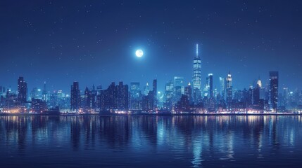 Fototapeta premium a stunning nighttime cityscape with a bright moon reflecting on the water, featuring the silhouette of modern skyscrapers and buildings
