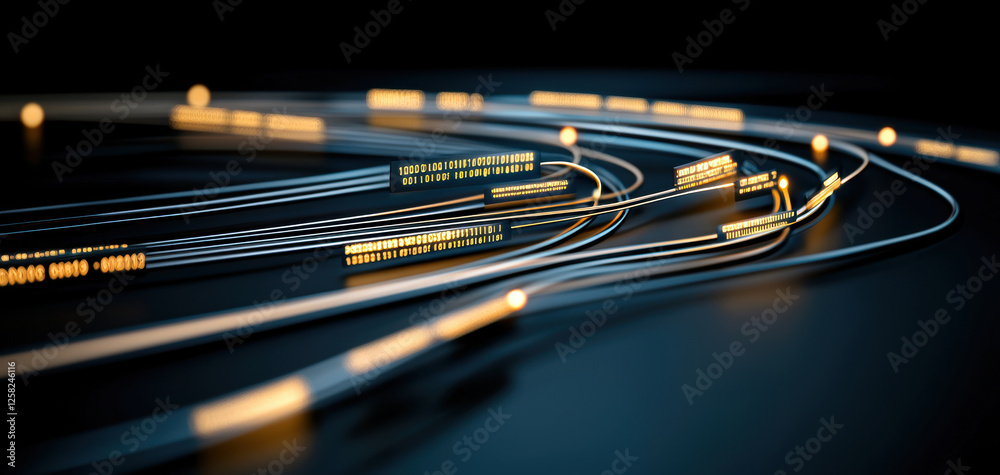 Aufkleber Digital circuit lines with glowing code overlays create futuristic atmosphere. flowing lines and binary numbers evoke sense of technology and innovation