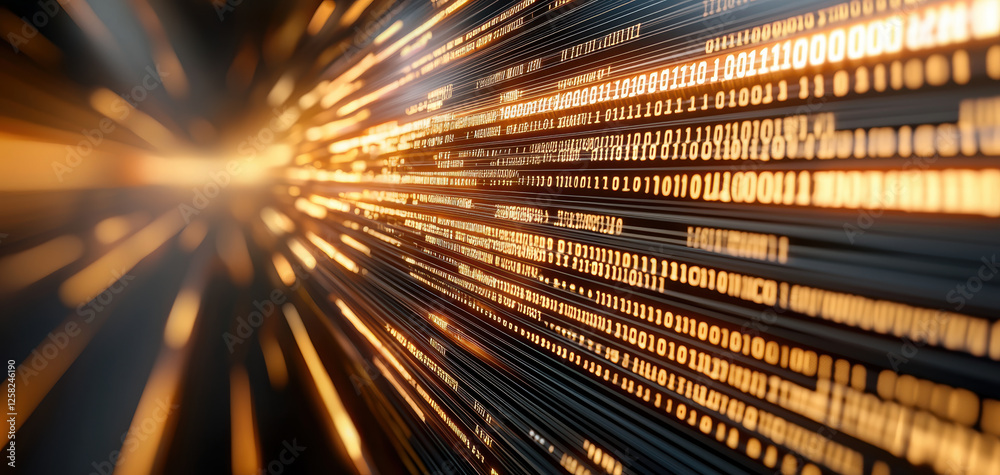 Poster Digital data streams with binary code and light effects create dynamic visual. This abstract representation symbolizes technology and information flow
