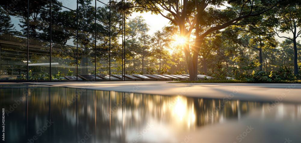 Poster serene landscape featuring modern building with reflective glass, surrounded by lush greenery and sunlight filtering through trees, creating tranquil atmosphere