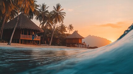 Naklejka premium Tropical beach sunset, overwater bungalows, wave, vacation