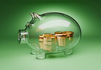 Salvadanaio trasparente con monete , illustrazione 3d
