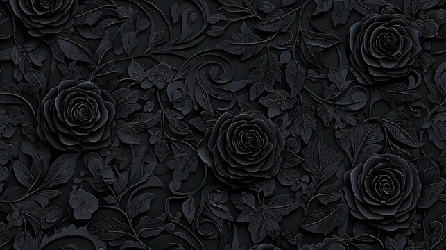 Dark 3D Embossed Black Roses Floral Pattern Background