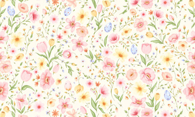 A beautiful spring floral Easter print featuring delicate blossoms in soft pastel hues