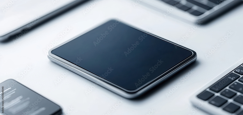 Poster sleek tablet rests on modern workspace, surrounded by smartphone and laptop, showcasing minimalist d