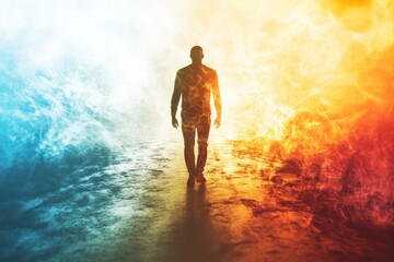Obraz premium Man walks fiery, icy path; duality, choice, spirituality, concept art