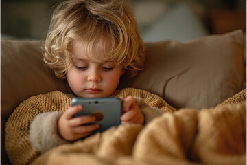 A little boy using a mobile phone in the house. For concept of a child addicted to a mobile phone, dependence on cartoons.