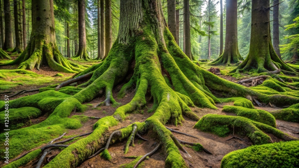 Poster A dense forest floor covered in verdant moss, showcasing the intricate network of tree roots that bind the ecosystem together