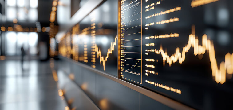 modern office environment featuring financial data displays, showcasing stock market trends and analytics. sleek design enhances productivity and focus