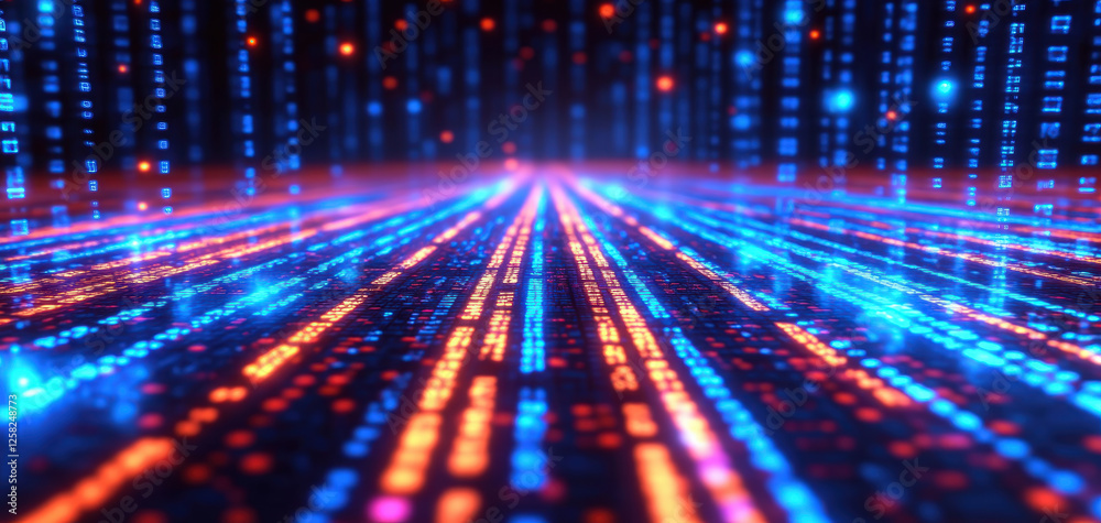 Aufkleber Abstract digital lines with glowing data streams creating futuristic atmosphere. vibrant colors of blue, orange, and red enhance sense of technology and innovation