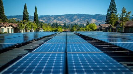 Solar panels with a picturesque mountain backdrop.