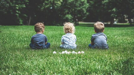 Fototapeta premium Three Children Seated in Green Grassy Meadow with Easter Eggs in a Row on Sunny Day Together