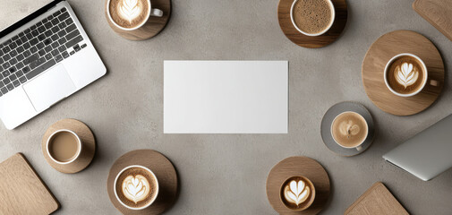 cozy cafe scene featuring coffee cups, laptop, and blank sheet of paper, perfect for brainstorming or casual meetings. warm atmosphere invites creativity and conversation