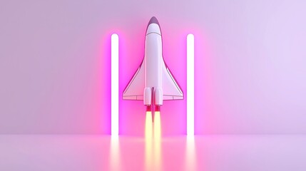 Neon Space Shuttle in Digital Economy Success, a minimalist scene showcasing a futuristic shuttle symbolizing innovation and growth in a sleek, uncluttered environment.