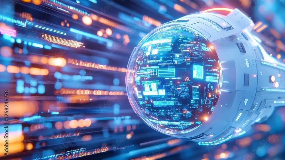 Poster digital transformation journey, a futuristic spaceship navigating through a data-driven landscape, r