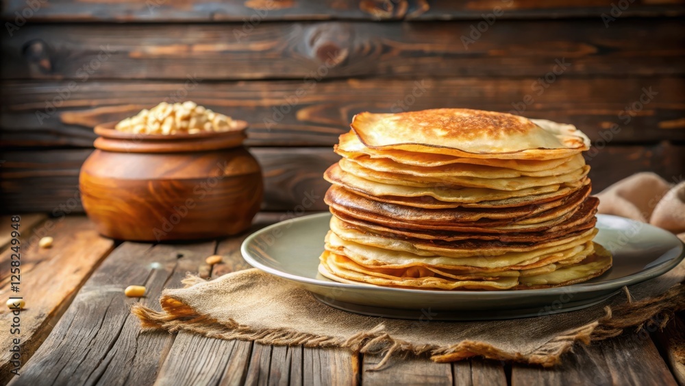 Poster a stack of golden brown pancakes on a rustic wooden table with a bowl of nuts in the background