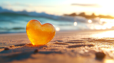 Fototapeta premium Golden glitter heart on sparkling beach under sunny blue sky